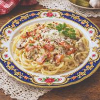 02.03.-02.08. főétel: Grillezett baconös, gombás-tejszínes spagetti